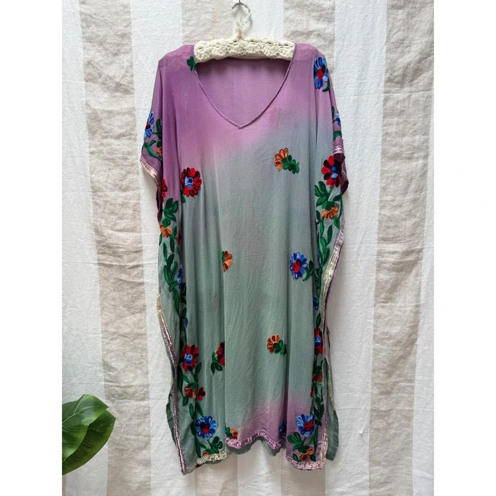 Topanga Canyon Boutique Sheer Floral Embroidered Ombre Kaftan Purple Green OS